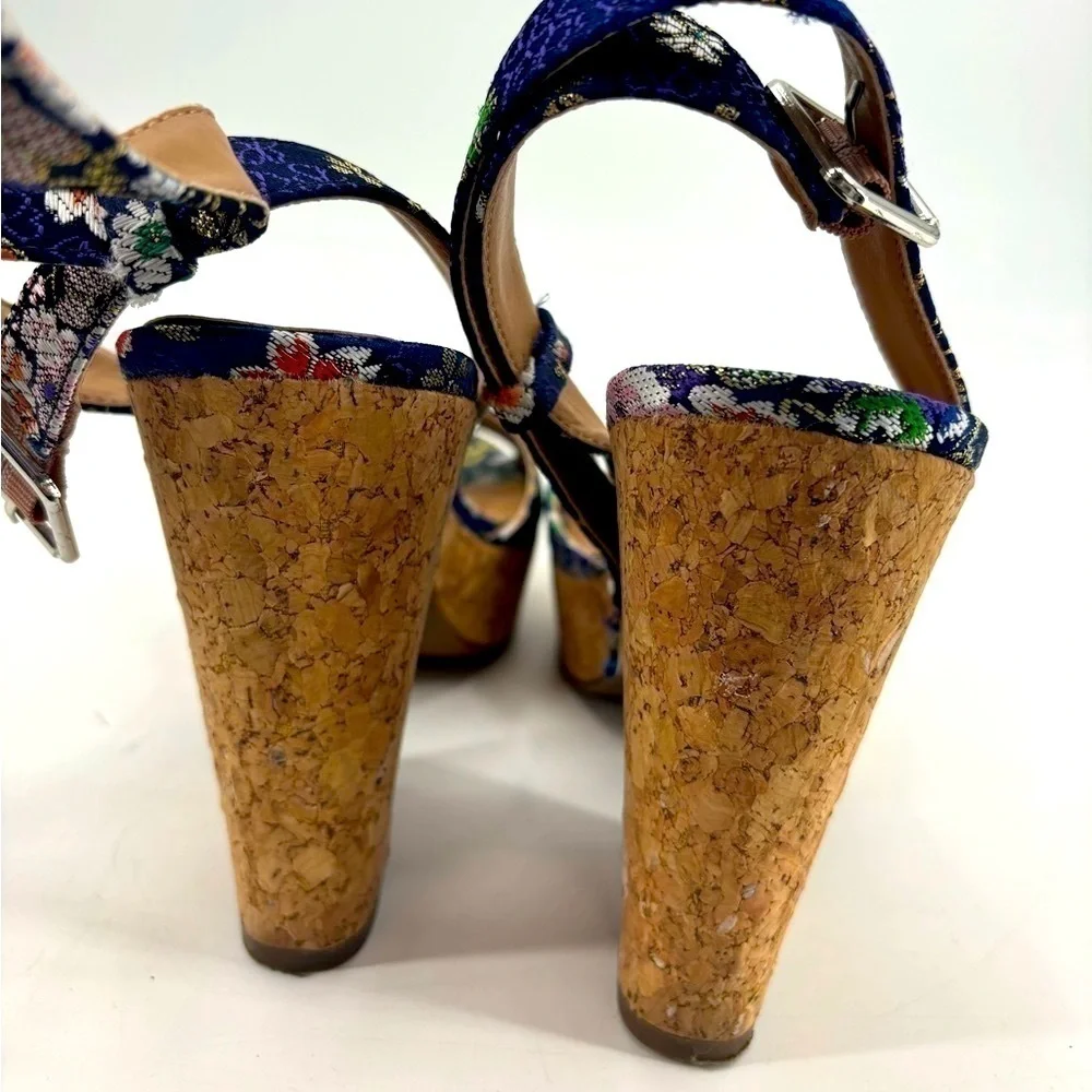 Steve Madden embroidered floral satin cork ankle strap platform shoes 9 no box